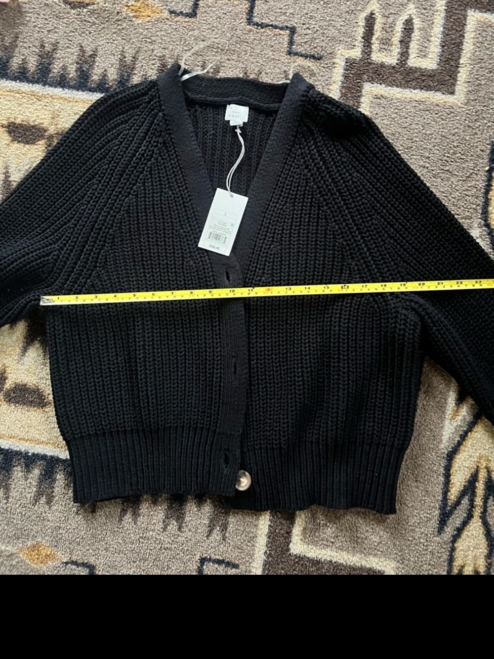 Black Ribbed V-Neck Button Cardigan Sweater, L - Picture 4 of 4